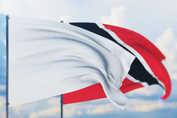 Bandeira branca no mastro acenando com o vento e a bandeira de Trinidad e Tobago. Vista de perto, ilustração 3D. — Fotografia de Stock