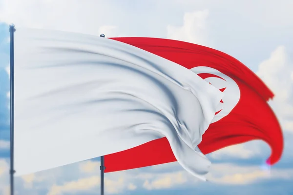 White flag on flagpole waving in the wind and flag of Tunisia. Closeup view, 3D illustration. — Stock Photo, Image