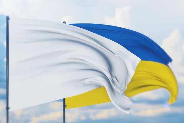 Weiße Flagge am Fahnenmast, die im Wind weht und die Flagge der Ukraine. Nahaufnahme, 3D-Illustration. — Stockfoto