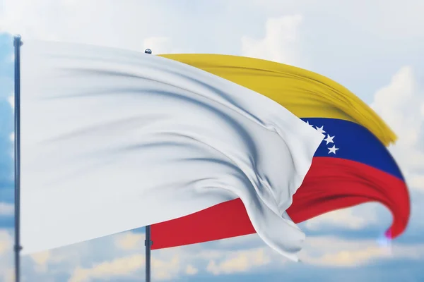 Bílá vlajka na stožáru vlnící se ve větru a vlajce Venezuely. Detailní pohled, 3D ilustrace. — Stock fotografie