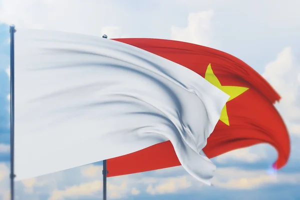 旗竿の上に白い旗がベトナムの風と旗を振っている。クローズアップビュー、 3Dイラスト. — ストック写真