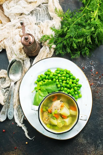 Świeża Zupa Zielonego Groszku Zdrowy Obiad — Zdjęcie stockowe