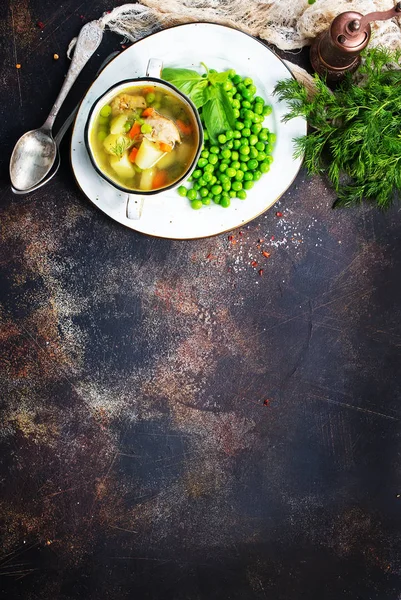 Zuppa Fresca Con Piselli Verdi Cena Sana — Foto Stock