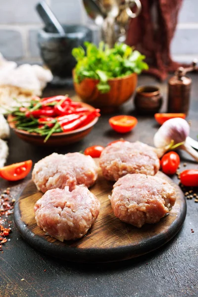 Raw Cutlets Burger Wooden Board — Stock Photo, Image