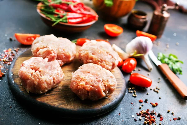 Raw Cutlets Burger Wooden Board — Stock Photo, Image