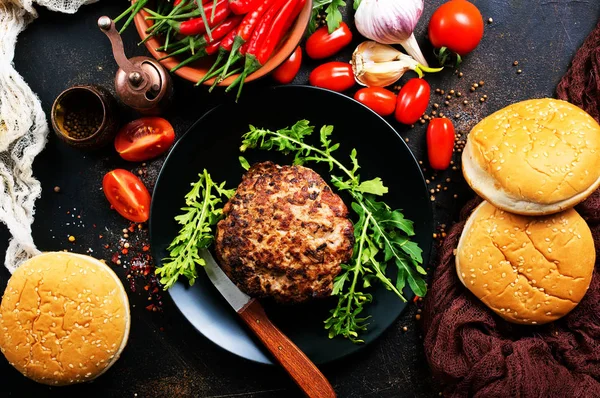Ingredients Cooking Burgers Tomatoes Sauce Cutlets — Stock Photo, Image