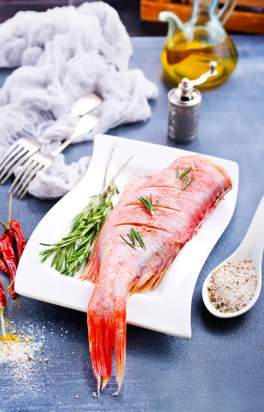 Pescado Perca Mar Crudo Plato Blanco — Foto de Stock