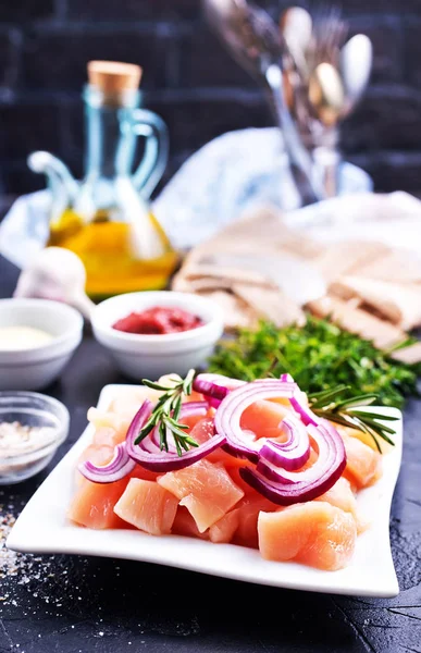 Sliced Raw Chicken Breast Onion Prepared Cooking — Stock Photo, Image