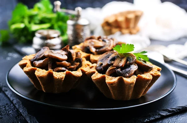 Delicious Tartlets Fried Mushrooms Parsley Utensils — Stock Photo, Image
