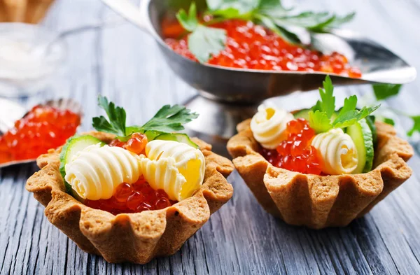 Delicious Tartlets Butter Salmon Caviar — Stock Photo, Image