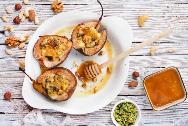 Baked Pear Cheese Honey Nuts Top View — Stock Photo, Image