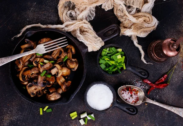 Fried Mushrooms Green Onion Frying Pan Top View — Stock Photo, Image