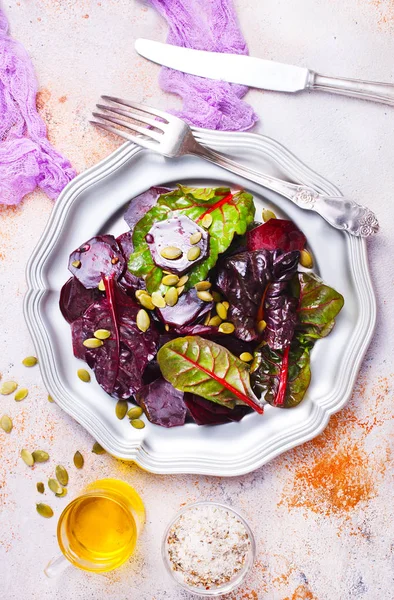 Beet Salad Nuts Silverplate Top View — Stock Photo, Image