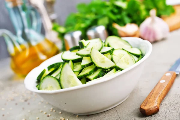 Sliced Cucumbers Bowl Ingredient Salad Selective Focus — Stock Photo, Image