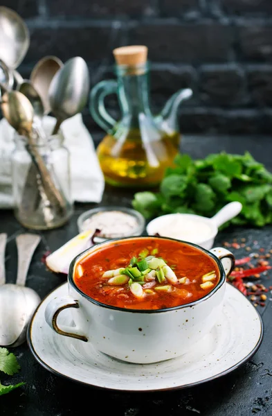 Borscht Russo Ucraniano Tradicional Com Feijão Branco Tigela Prato Sopa — Fotografia de Stock