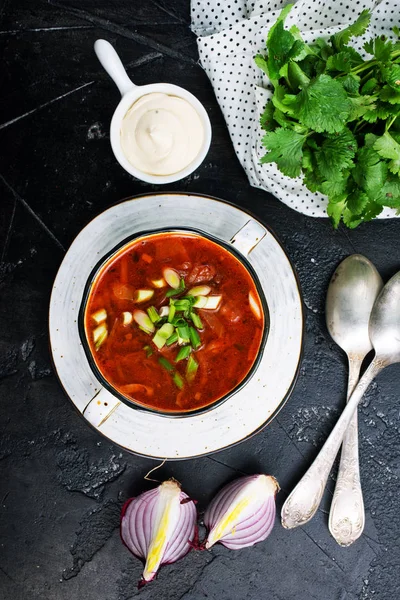 Borscht Ruso Ucraniano Tradicional Con Frijoles Blancos Tazón Placa Sopa — Foto de Stock