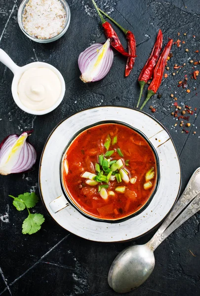 Borscht Ruso Ucraniano Tradicional Con Frijoles Blancos Tazón Placa Sopa — Foto de Stock