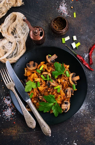 Vegan Dish Fried Mushrooms Cabbage Frying Pan European Cuisine — Stock Photo, Image