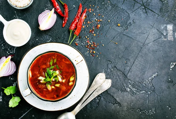 Traditional Ukrainian Russian borscht with white beans on the bowl. Plate of red beet root soup — Stock Image Traditional Ukrainian Russian Borscht White Beans Bowl Plate Red Beet Stock Photo