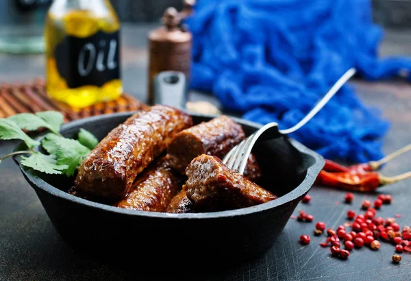 Close Shot Fried Sausages Pan Fork — Stock Photo, Image