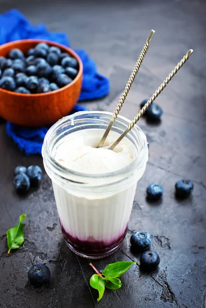 Jar Yogurt Fresh Berries Served Table — Stock Photo, Image