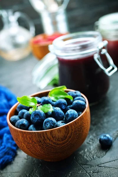Fresh Blueberries Wooden Bowl Served Table — Stock Photo, Image