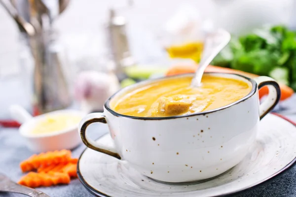 Close Shot Carrot Soup Bowl Spoon — Stock Photo, Image