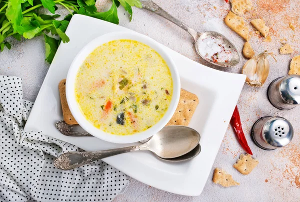 Cheese Soup Mushrooms Cracker Table — Stock Photo, Image