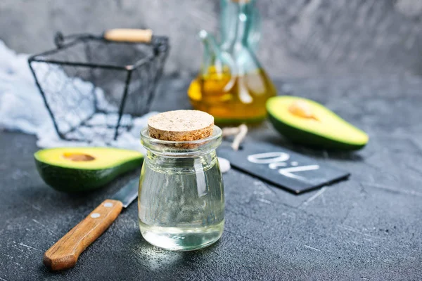 Aceite Aguacate Botella Vidrio Con Corcho Mesa —  Fotos de Stock