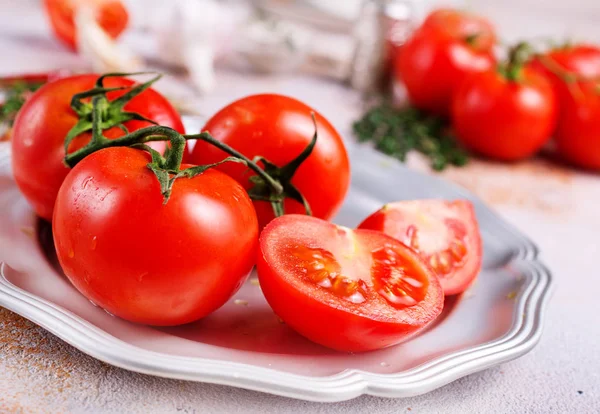 Tomaat Metalen Plaat Verse Tomaat Tomaten Voor Salade — Stockfoto