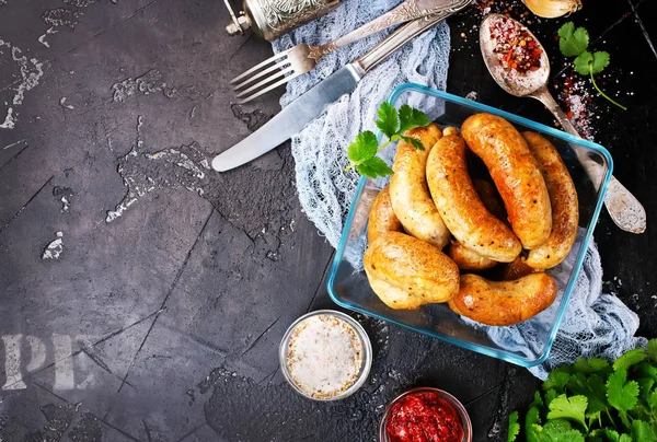 Fried Sausages Bowl Fried Chicken Sausages Spice — Stock Photo, Image