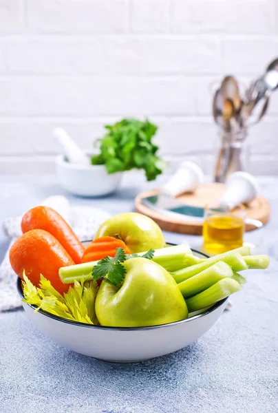 Ingredientes Para Ensalada Dieta Manzanas Apio Zanahorias Frescas — Foto de Stock