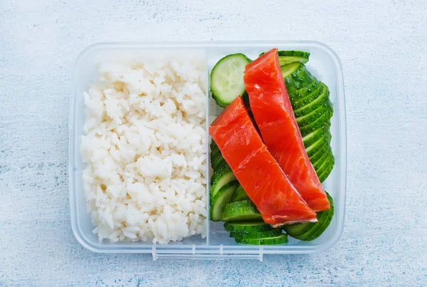 Top View Salmon Fish Boiled Rice Cucumber Lunch Box — Stock Photo, Image