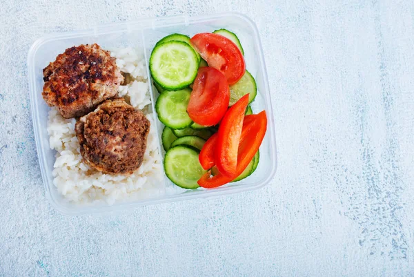 Top View Rice Chicken Cutlets Vegetables Lunch Box — Stock Photo, Image