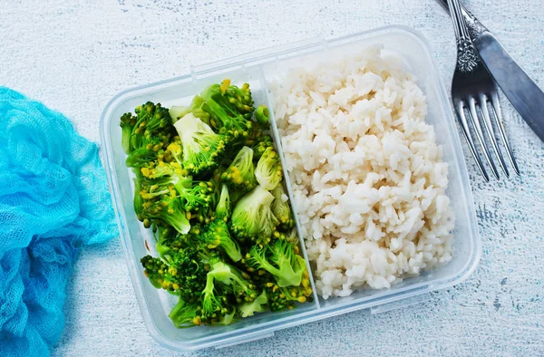 Top View Boiled Rice Broccoli Lunch Box — Stock Photo, Image