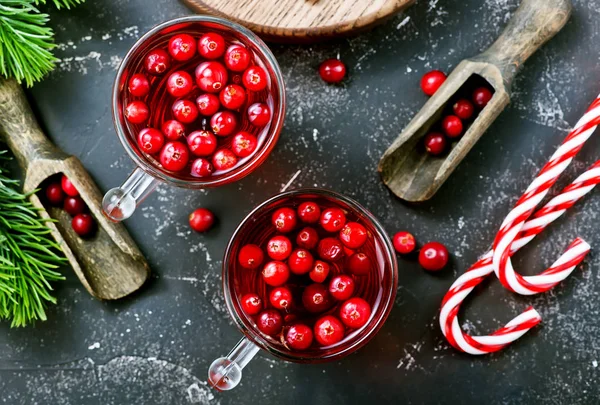 Top View Christmas Candy Canes Cranberry Drinks Berries Dark Tabletop — Stock Photo, Image