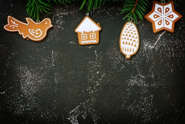 Karácsonyi Lakás Feküdt Házi Süti Illeszkedik Ágai Fekete Asztali — Stock Fotó
