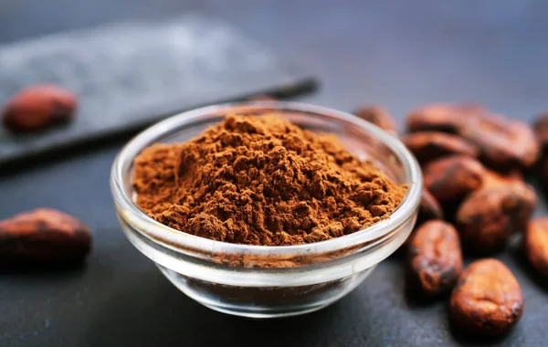 Fagioli Cacao Cacao Polvere Tavolo — Foto Stock