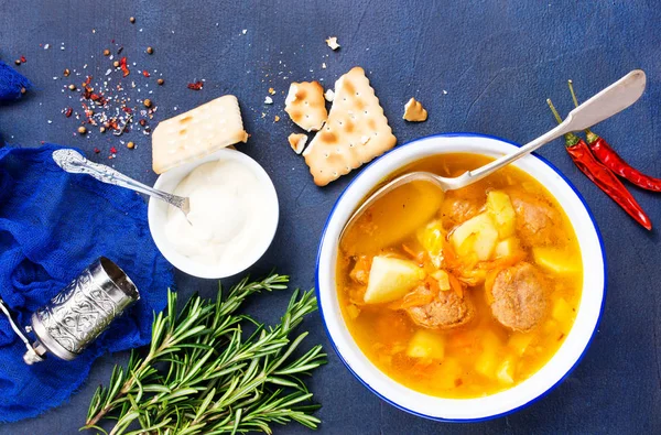 Sopa Com Legumes Almôndegas Tigela — Fotografia de Stock