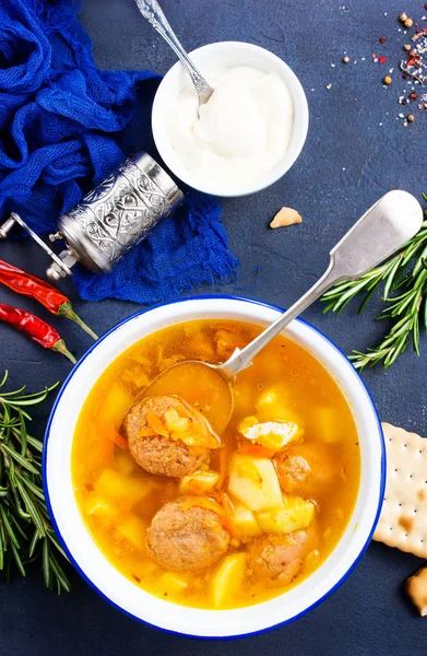 Soupe Aux Légumes Boulettes Viande Dans Bol — Photo