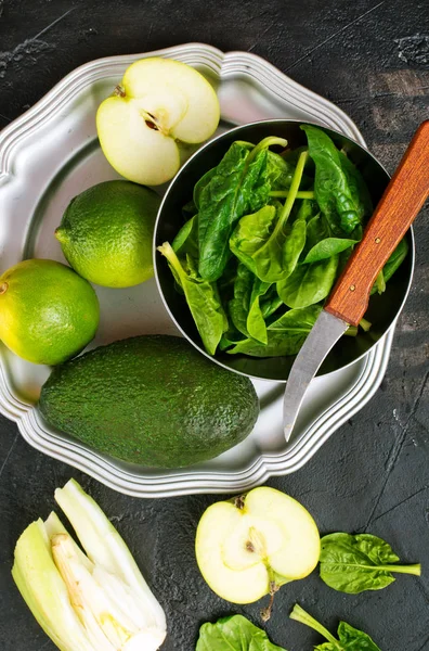 Alimente Verzi Alimente Dietetice Legume Fructe Farfurie — Fotografie, imagine de stoc