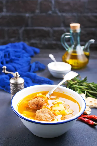 Soup with meat balls and vegetables, soup in bowl — Stock Image Soup Meat Balls Vegetables Soup Bowl Royalty Free Stock Photos