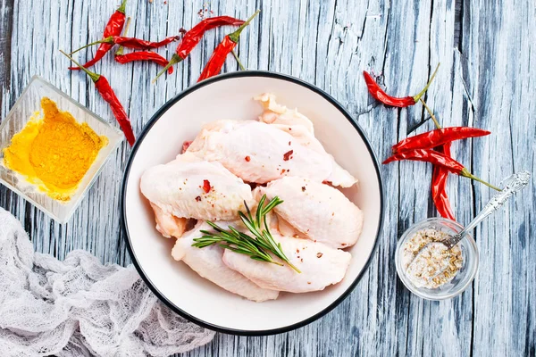 Raw Chicken Wings Spices Salt Bowl Wooden Table — Stock Photo, Image