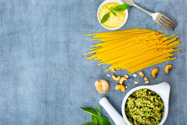 Top View Raw Pasta Cheese Pesto Sauce Bowl — Stock Photo, Image