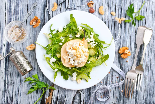 Top View Salad Green Arugula Plant Pear Cottage Cheese — Stock Photo, Image