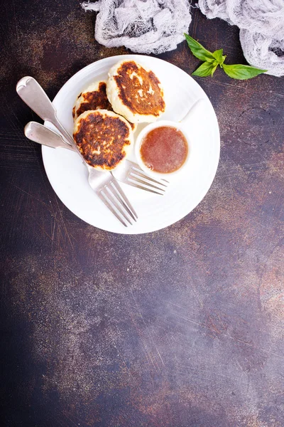 Traditional Russian Breakfast Fried Cottage Cheese Top View Cheese Pancake — Stock Photo, Image