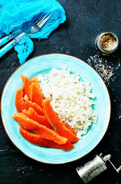 Boiled Rice Salmon Plate Diet Food — Stock Photo, Image