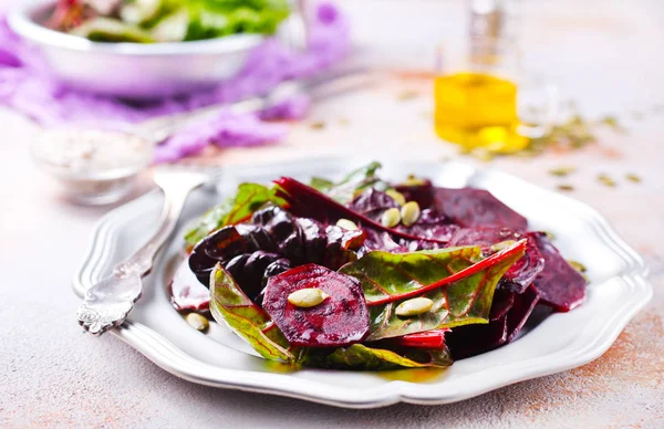 Beet Salad Nuts Metal Plate — Stock Photo, Image