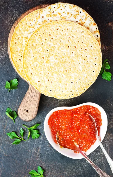 Fried Pancakes Red Salmon Caviar — Stock Photo, Image