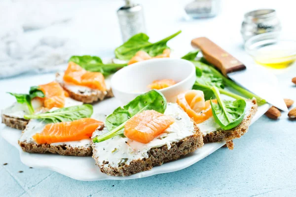 Bread Cheese Salmon Breakfast Table — Stock Photo, Image